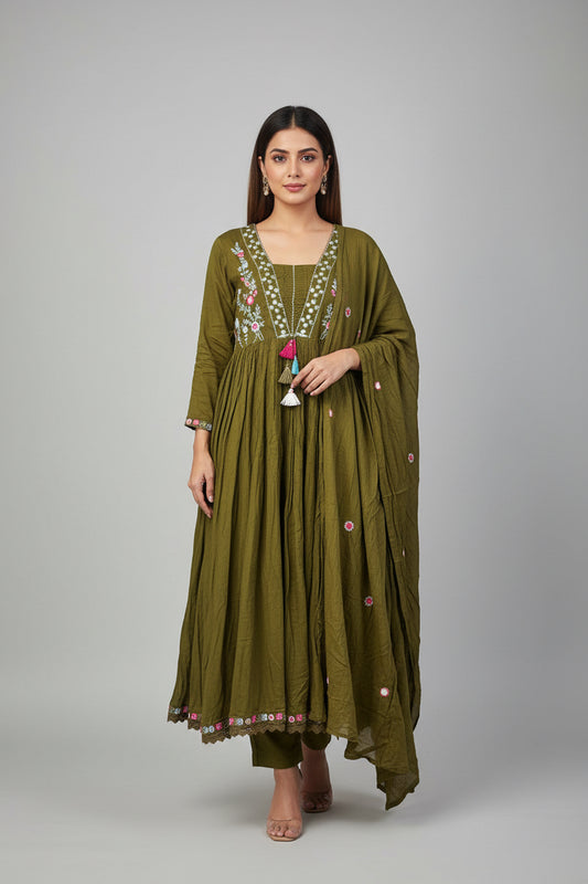 Olive green Mul Cotton Anarkali Suit 