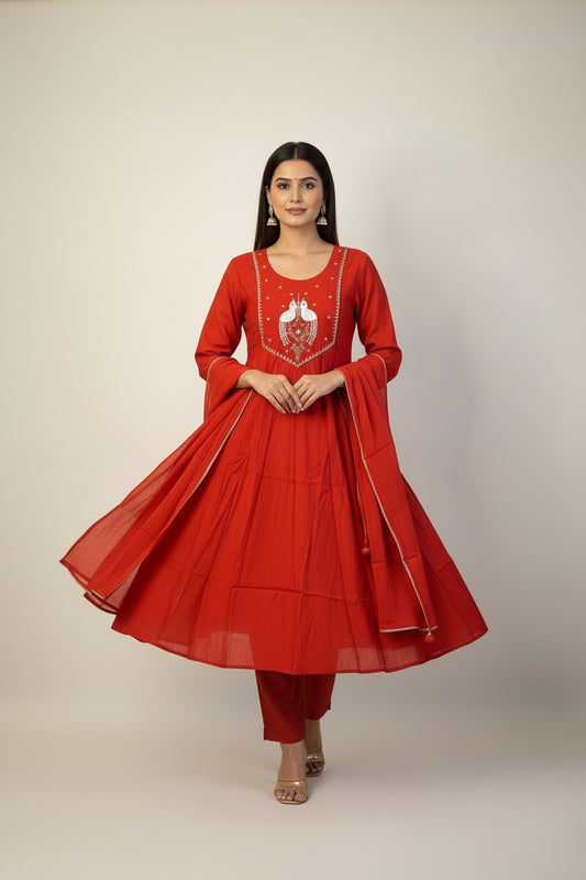 Rust orange Mul chanderi Anarkali suit