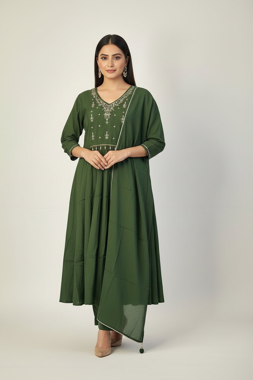 Green Mul Chanderi Anarkali Suit