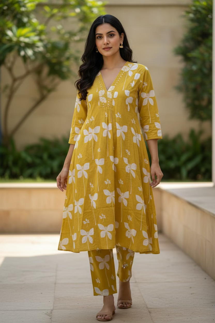 yellow cotton anarkali kruti with pants
