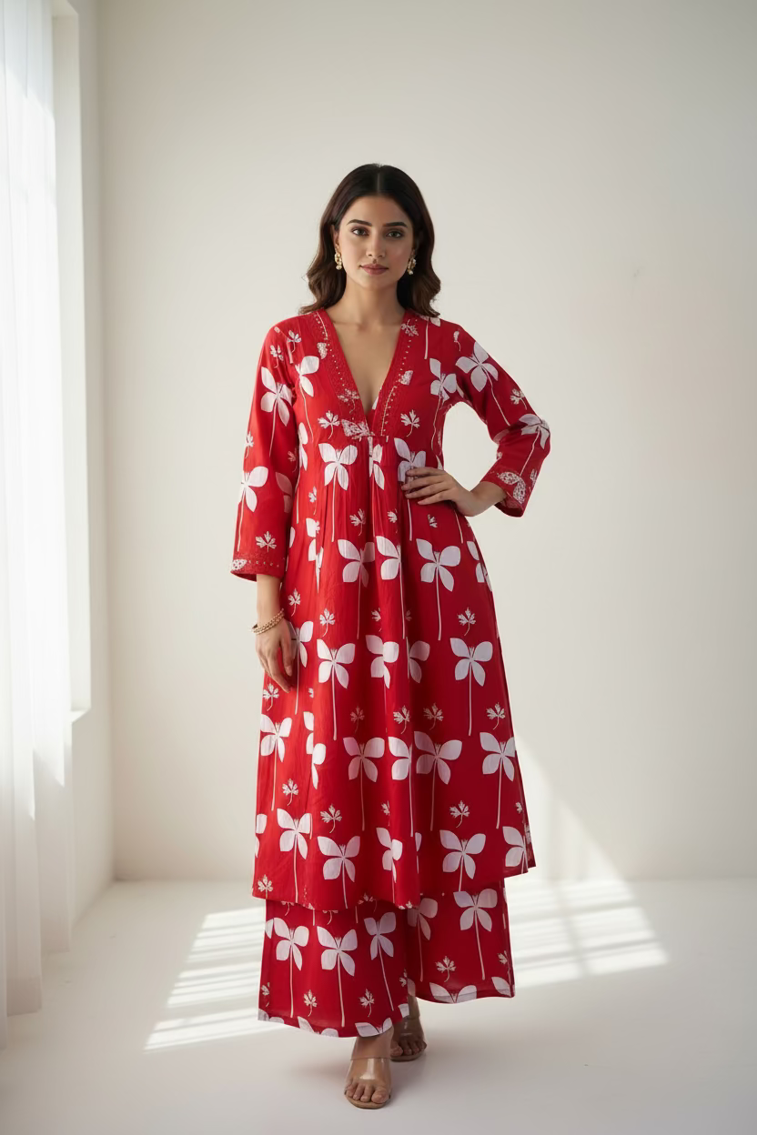 Red Cotton Anarkali Kurti With Pants