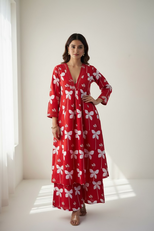 Red Cotton Anarkali Kurti With Pants