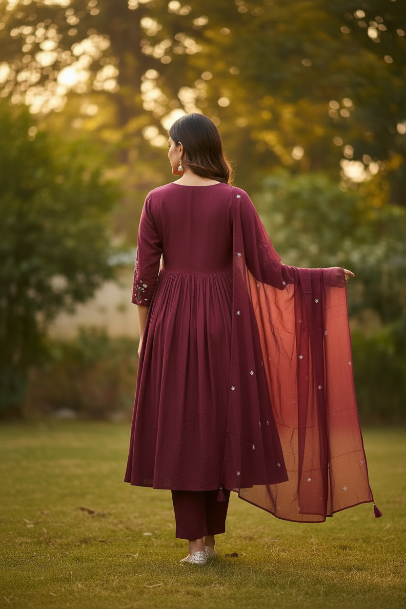 Maroon Embroidered Cotton Anarkali Suit