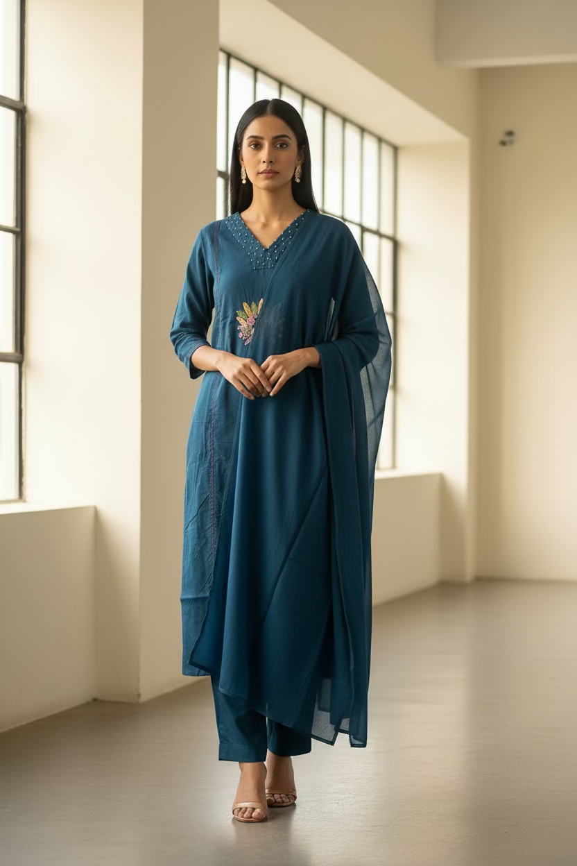 blue embroidered straight cotton suit