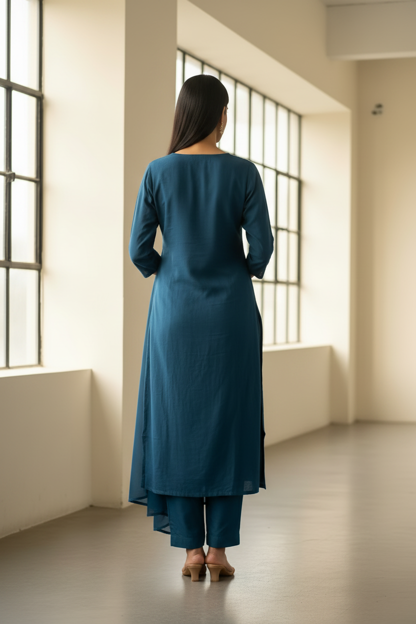 blue straight cotton embroidered suit