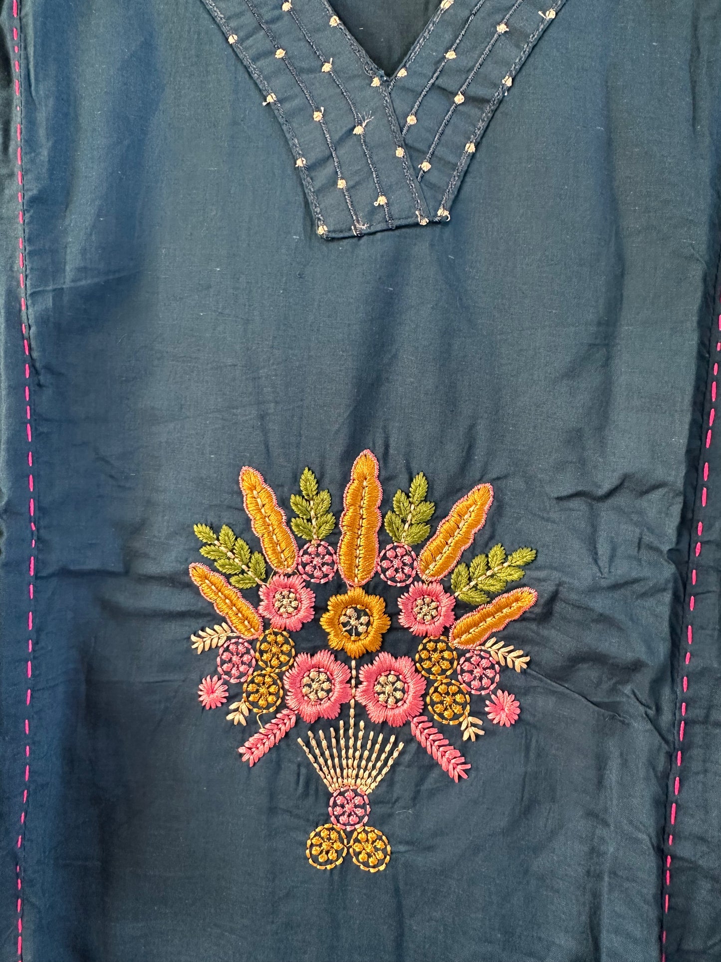 blue straight cotton embroidered suit