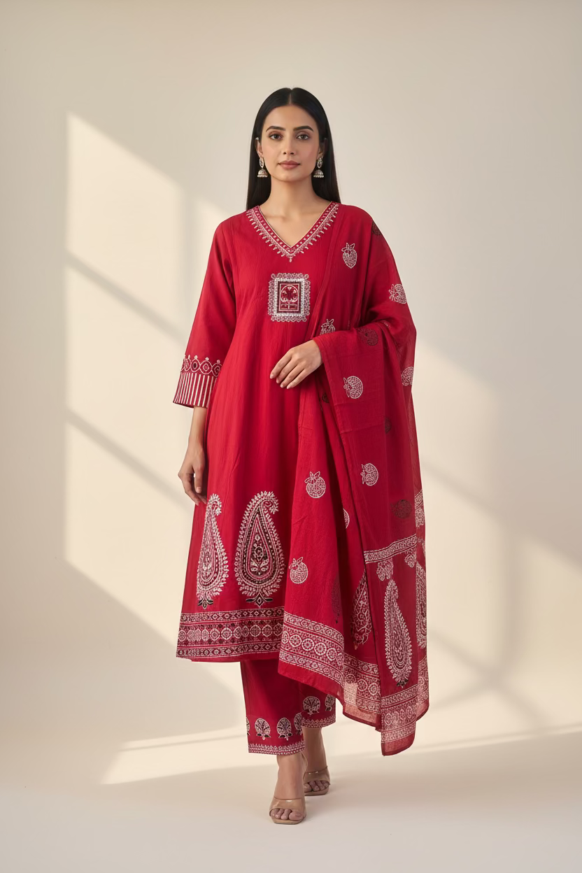 read printed cotton anarkali suit