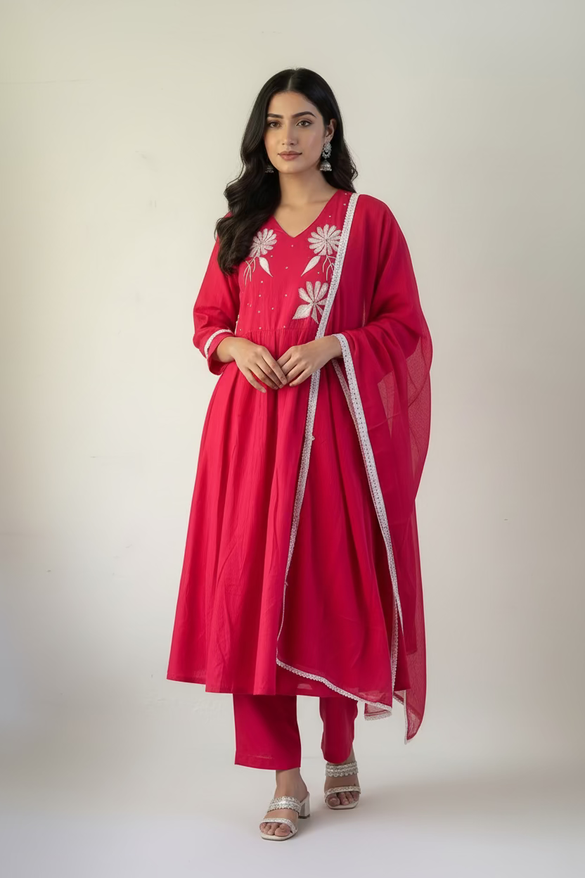 red embroidered cotton anarkali suit