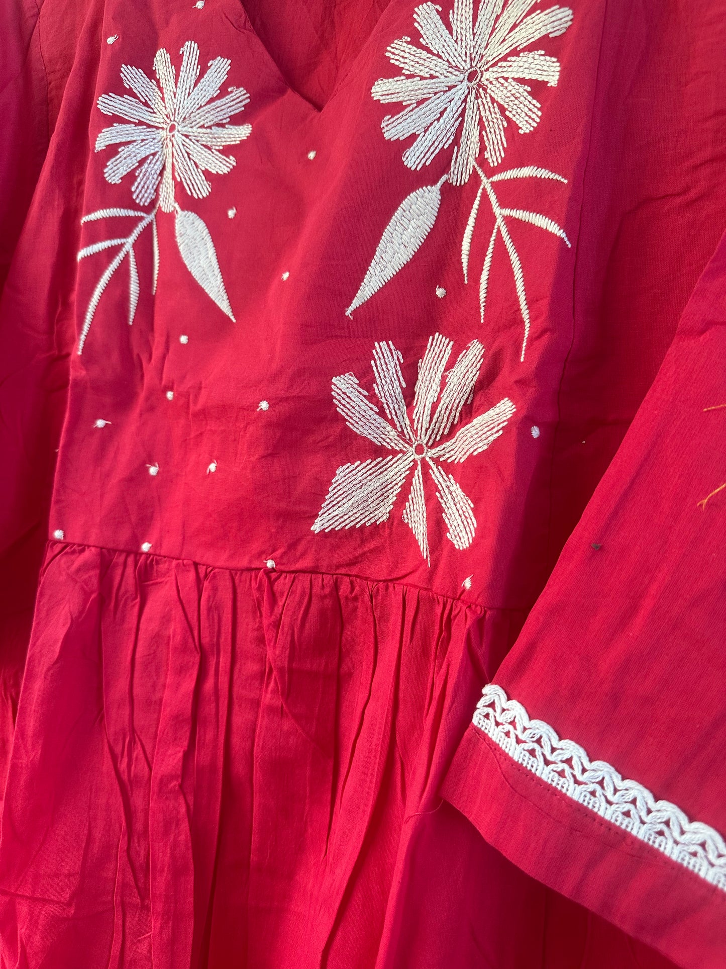 Red Cotton Embroidered Anarkali Suit