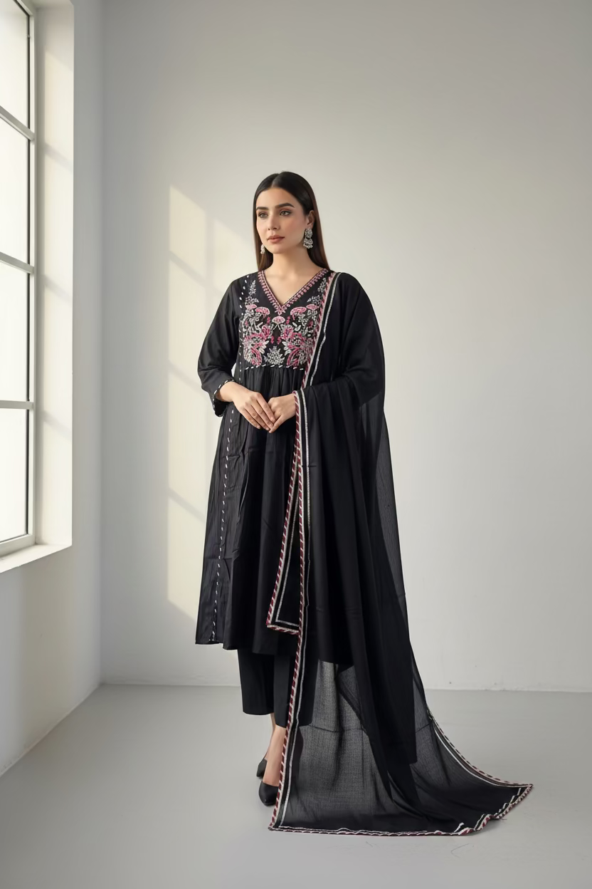 black cotton embroidered suit