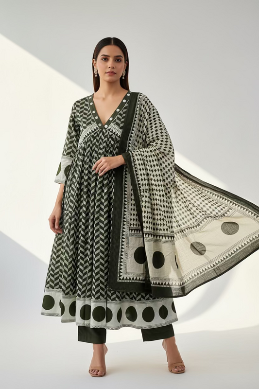 Green Striped cotton Anarkali Suit
