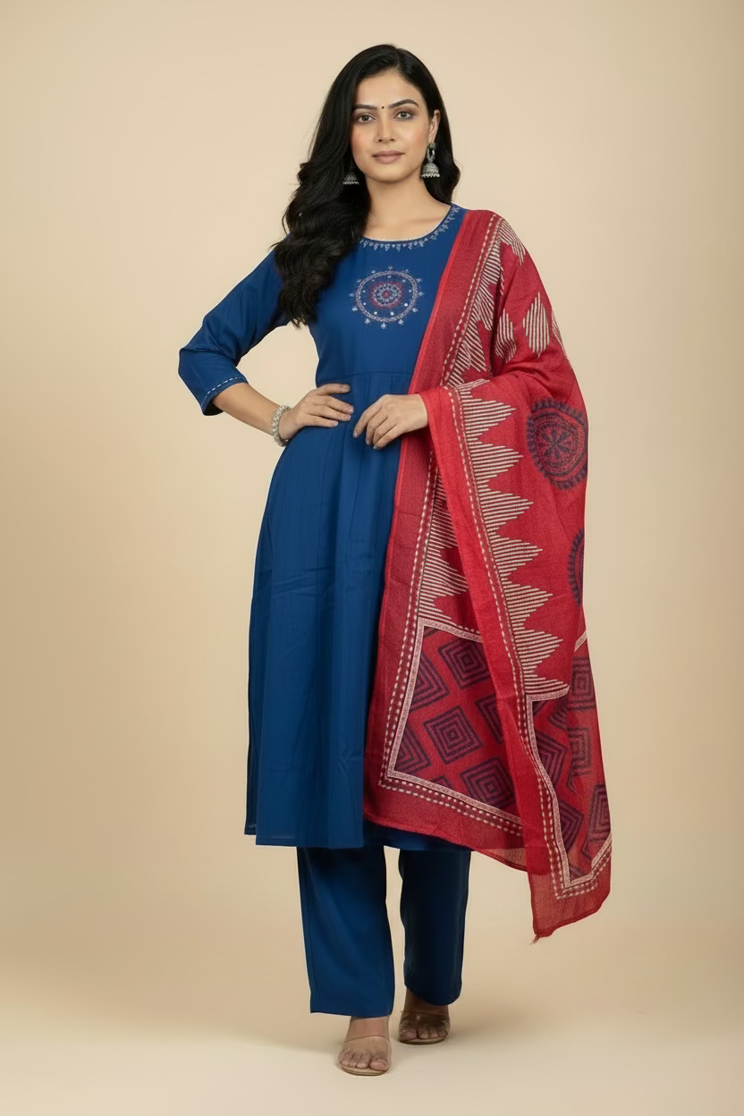 BLUE COTTON EMBROIDERED ANARKALI SUIT