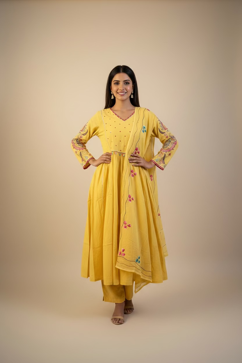 yellow embroidered cotton anarkali suit