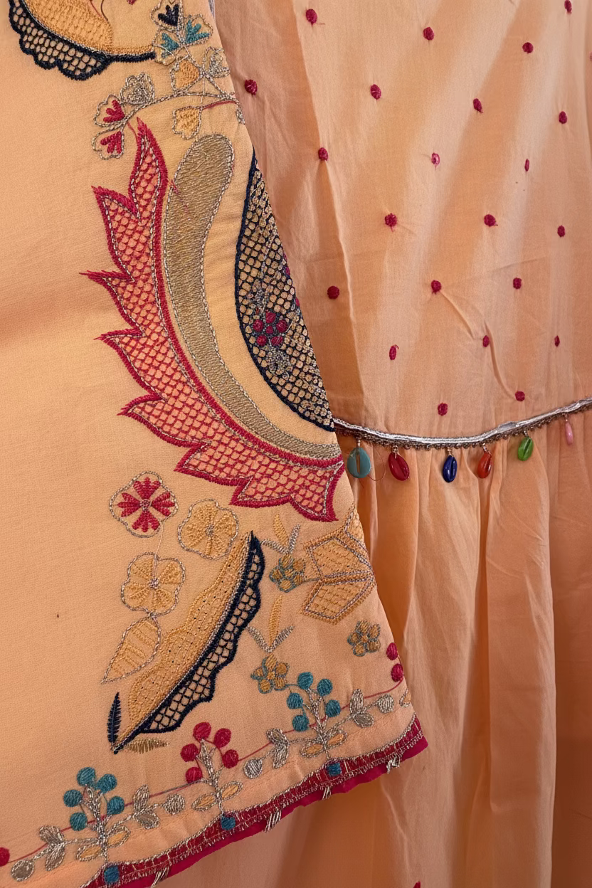 PEACH EMBROIDERED COTTON ANARKALI SUIT