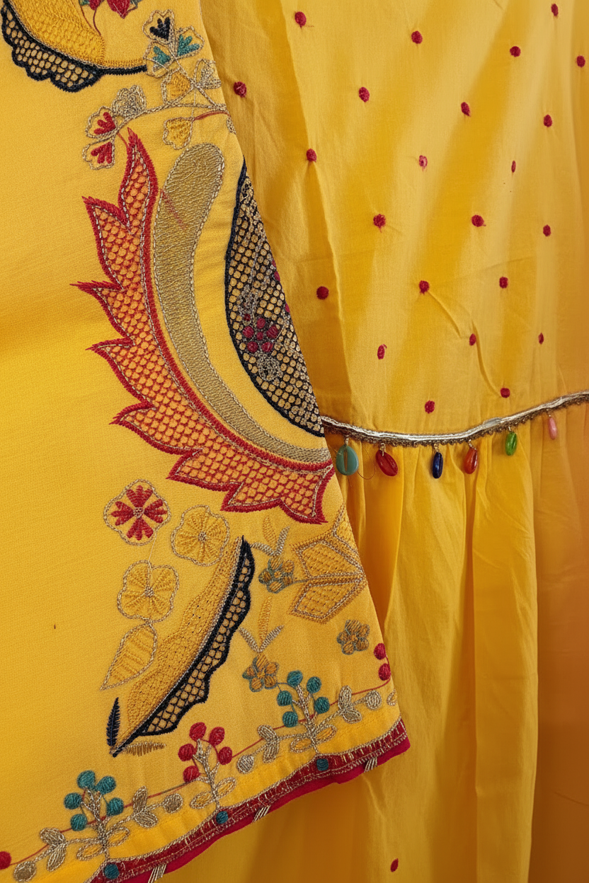 YELLOW COTTON EMBEROIDERED ANARKALI SUIT