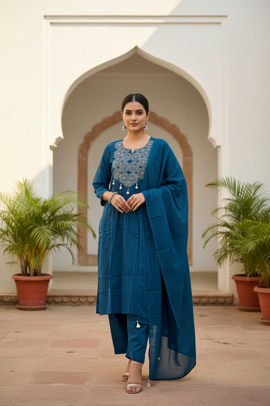 blue straight cotton embroidered suit