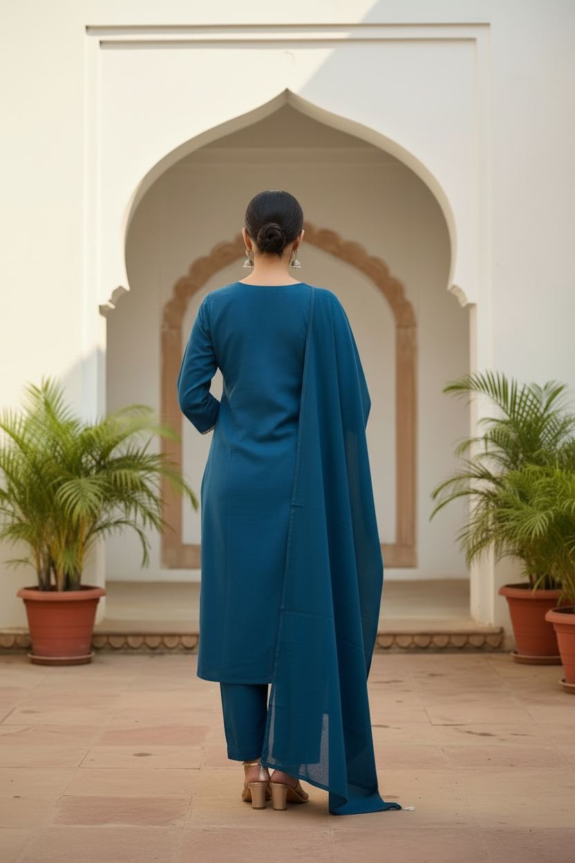 BLUE EMBROIDERED COTTON STRAIGHT SUIT