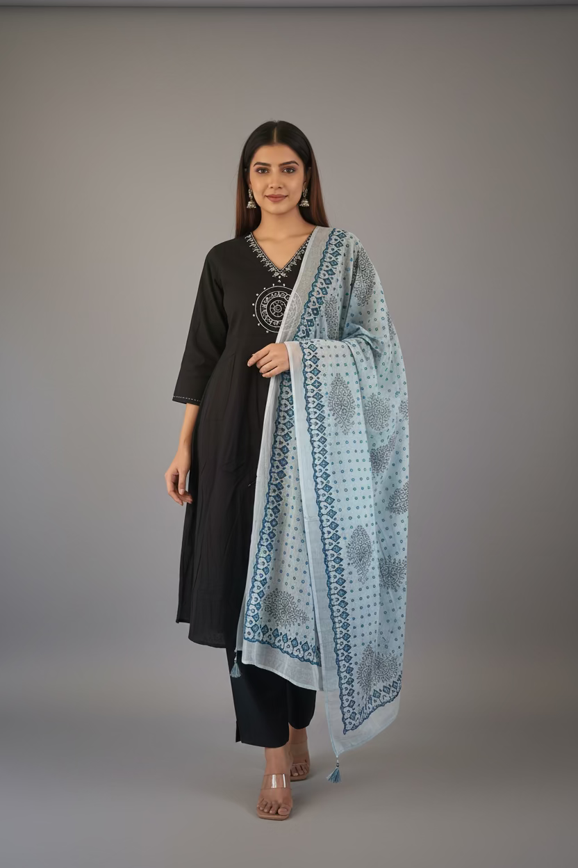 BLACK COTTON ANARKALI SUIT