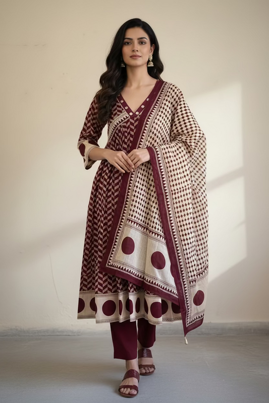 maroon and cream cotton anarkali suit