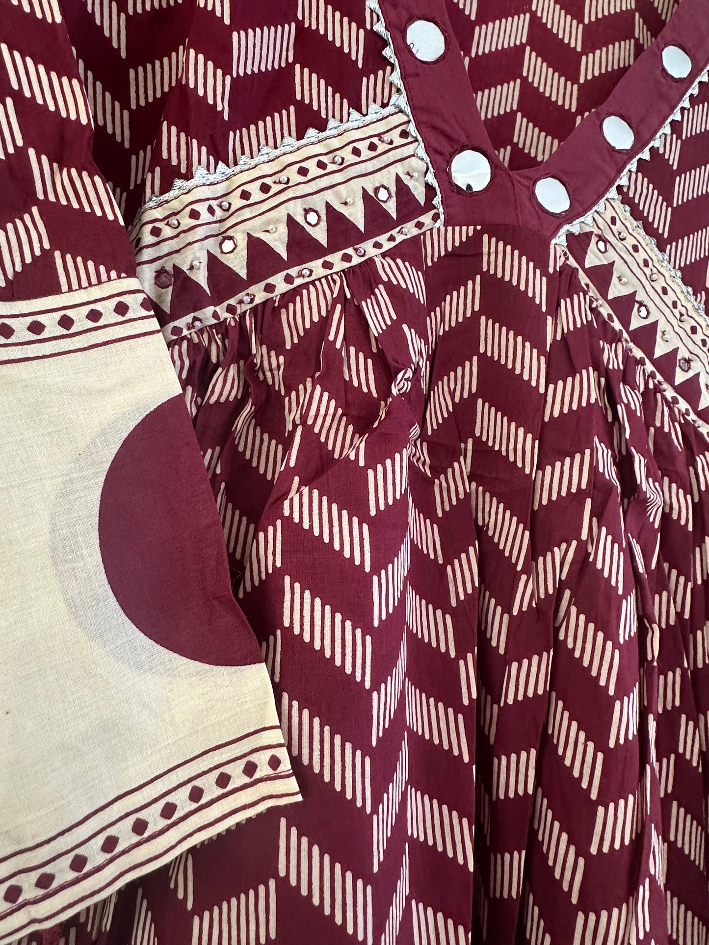 MAROON AND CREAM PRINTED COTTON ANARKALI SUIT