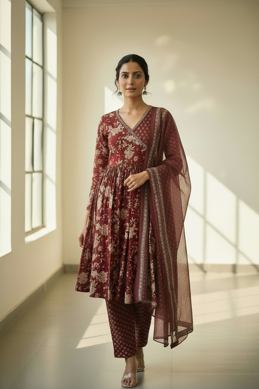 MAROON PRINTED COTTON ANARKALI