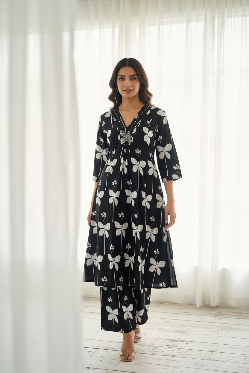 black cotton printed A line kurti with pants