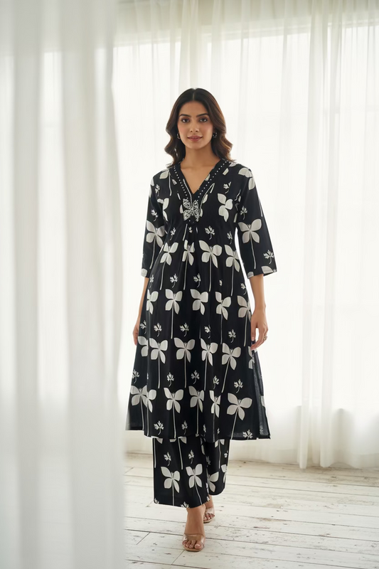 black cotton printed A line kurti with pants