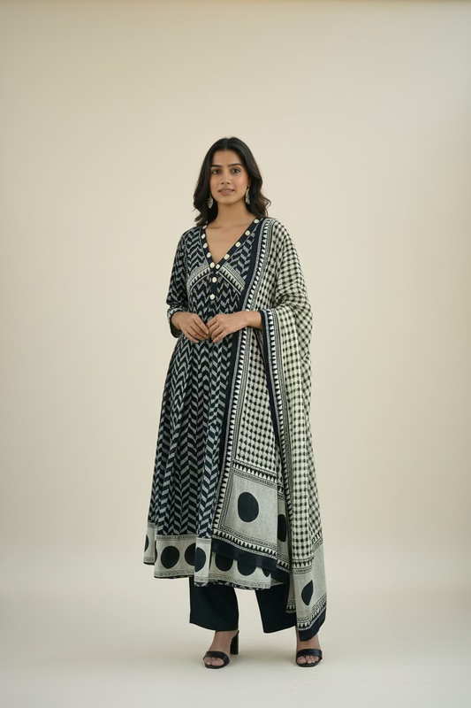 DARK BLUE PRINTED COTTON ANARKALI SUIT