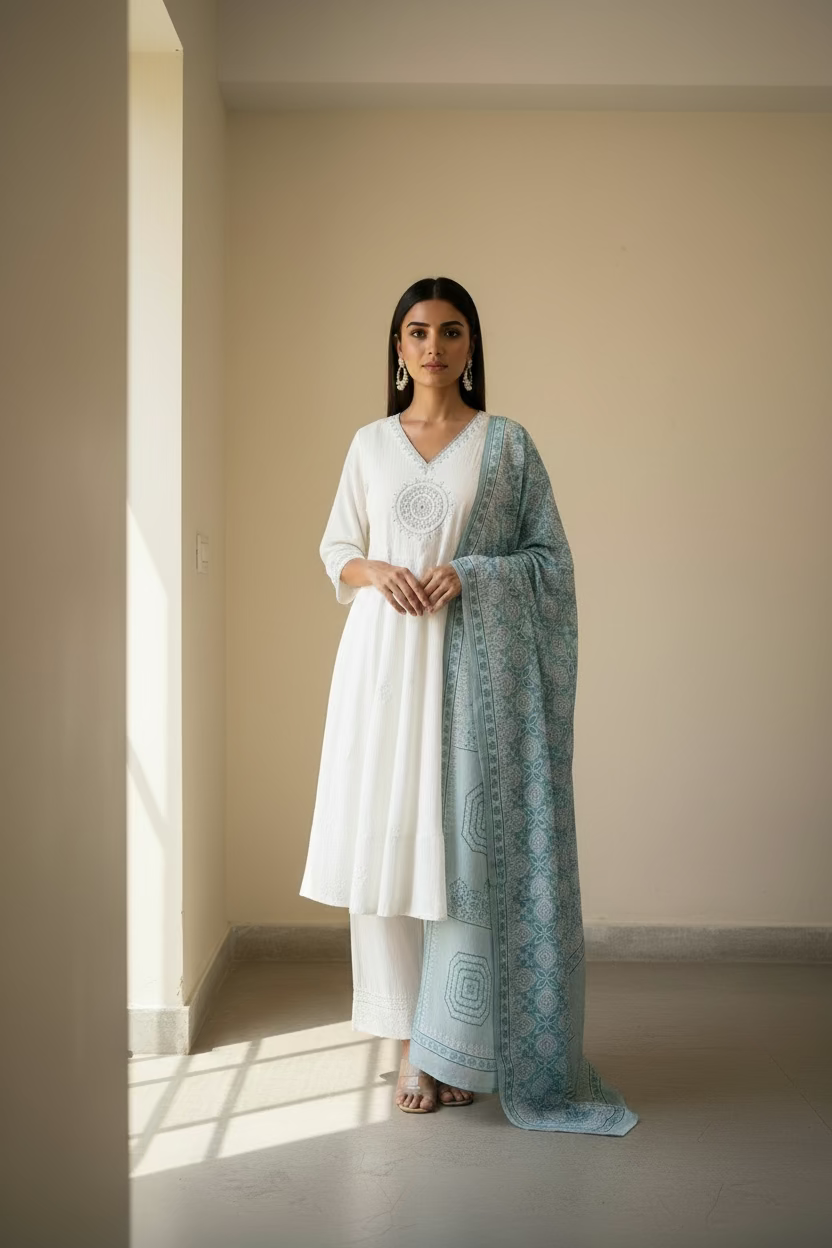 WHITE COTTON ANARKALI SUIT
