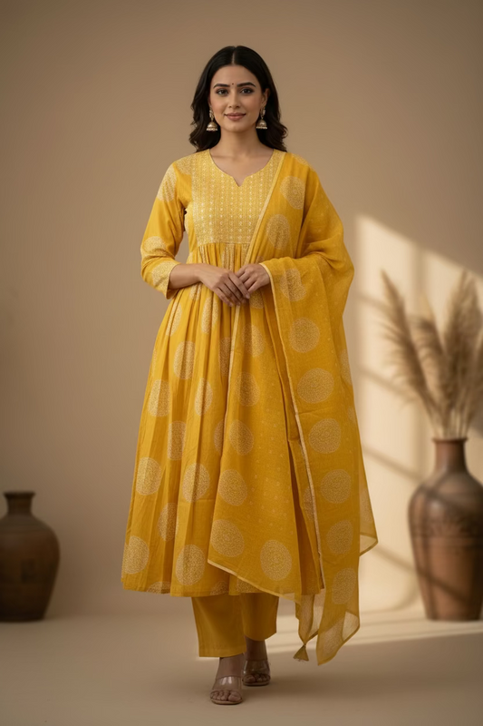 YELLOW COTTON ANARKALI SUIT