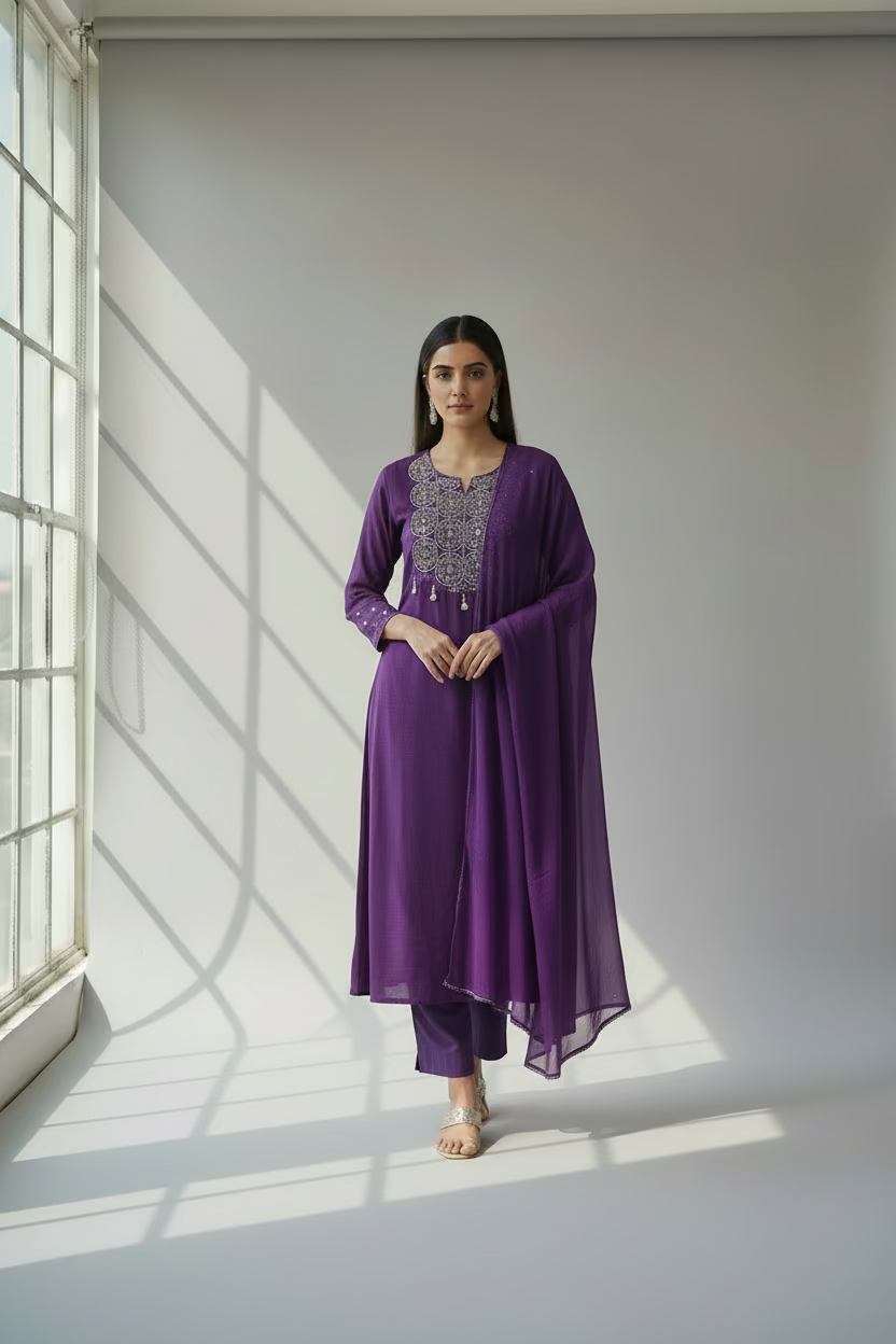 PURPLE EMBROIDERED STRAIGHT COTTON SUIT
