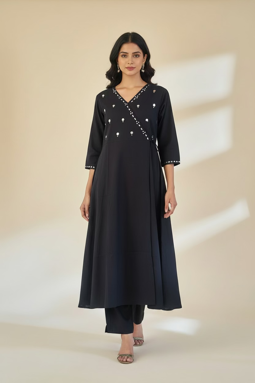BLACK COTTON ANARKALI KURTI WITH PANTS