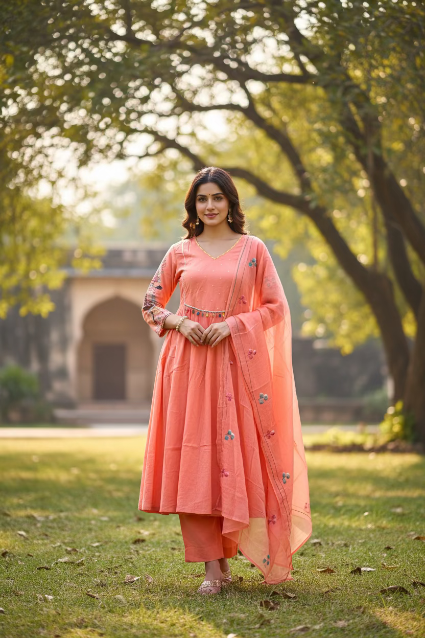 PEACH COTTON EMBROIDERED ANARKALI SUIT
