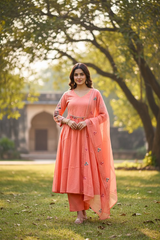 PEACH COTTON EMBROIDERED ANARKALI SUIT
