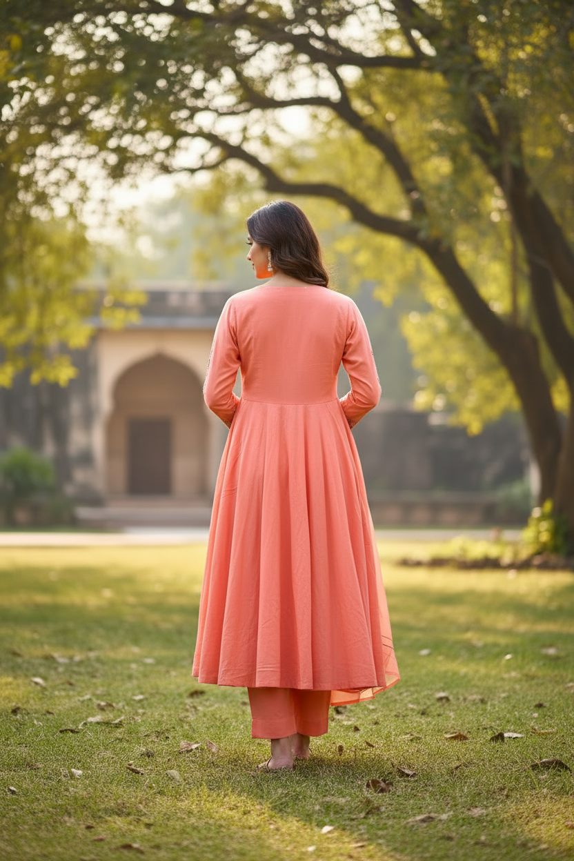 PEACH EMBROIDERED COTTON ANARKALI SUIT