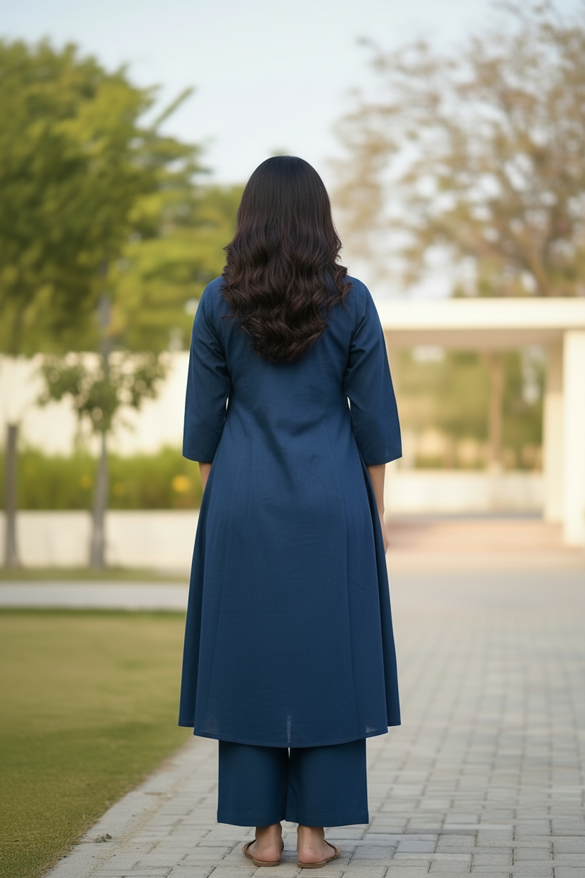 BLUE FLORAL EMBROIDERED COTTON STRAIGHT KURTI WITH PANTS