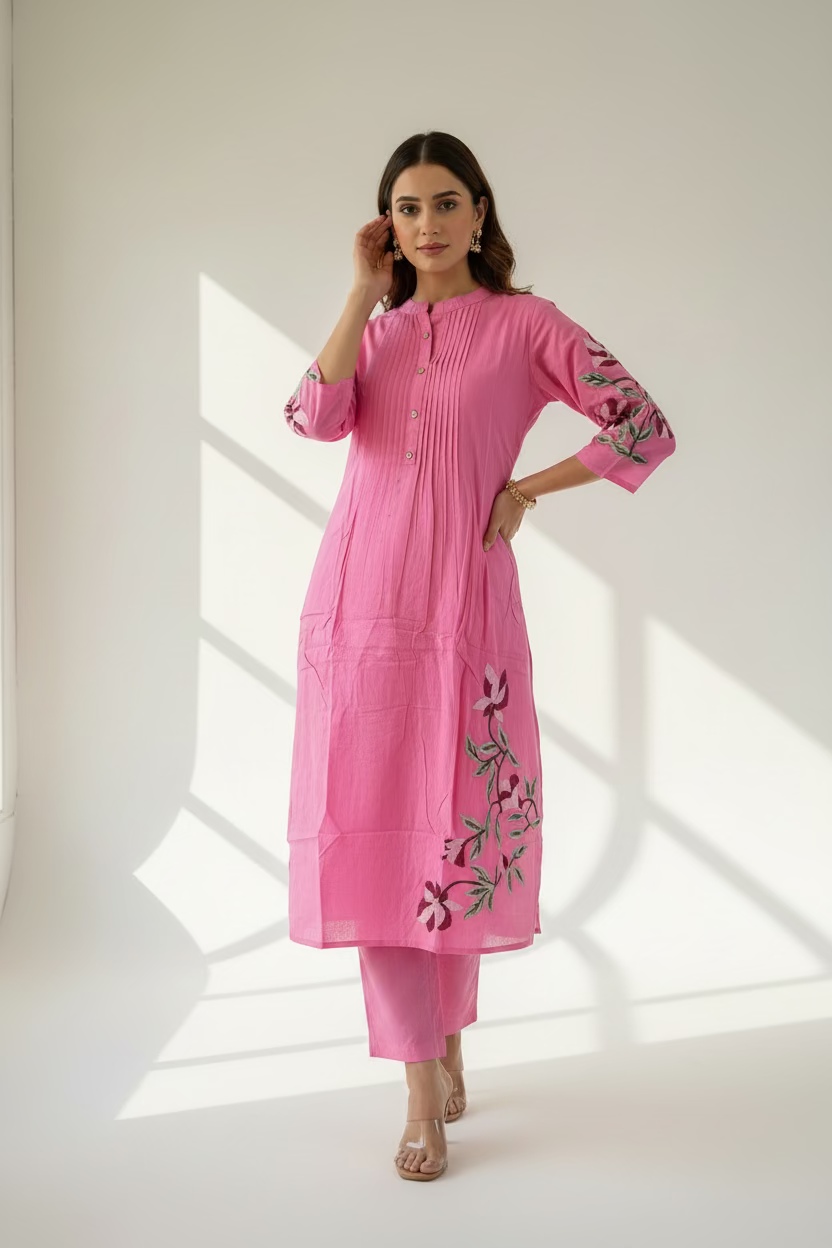 Pink embroidered straight kurti with pants 