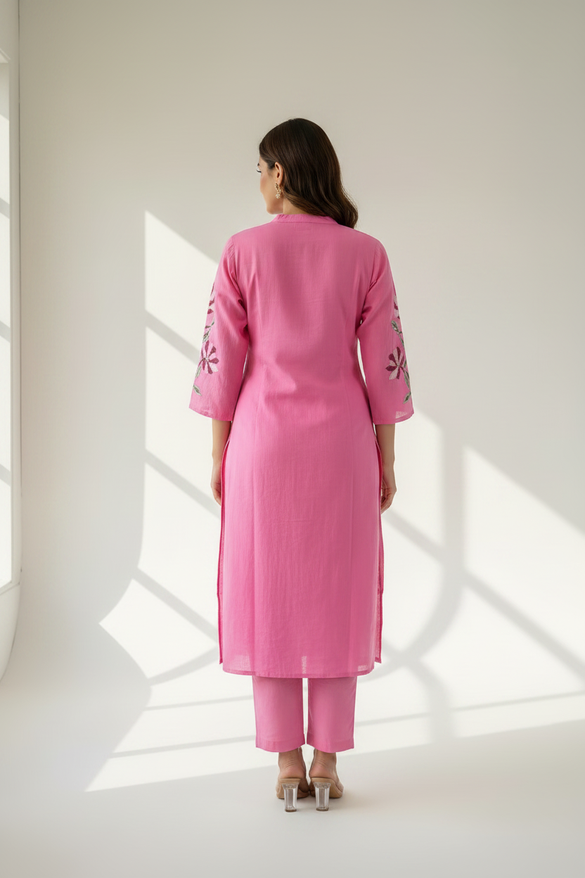 PINK FLORAL EMBROIDERED STRAIGHT KURTI WITH PANTS