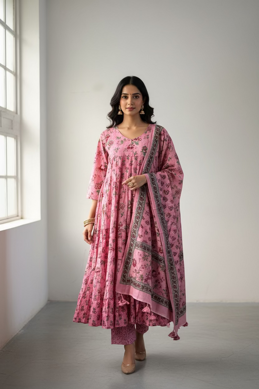 PINK PRINTED COTTON ANARKALI SUIT