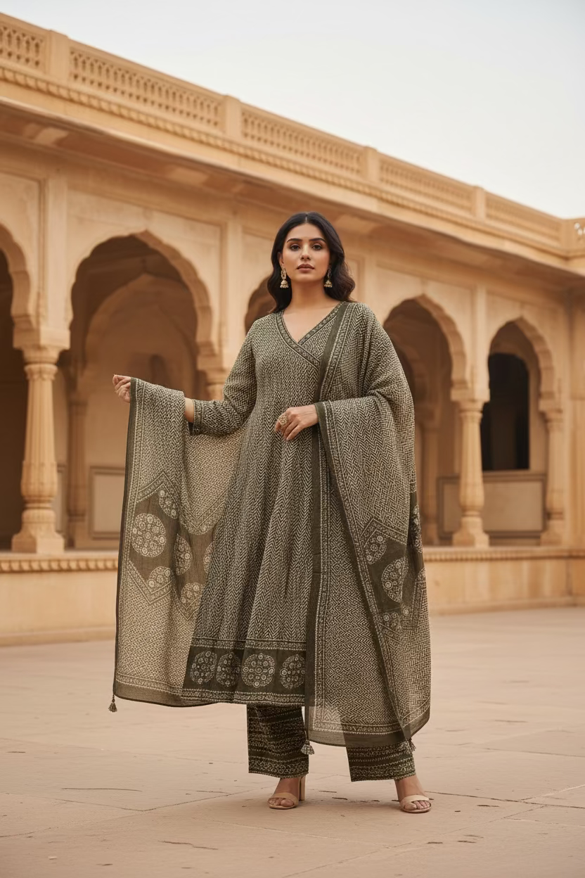 GREEN PRINTED COTTON ANARKALI