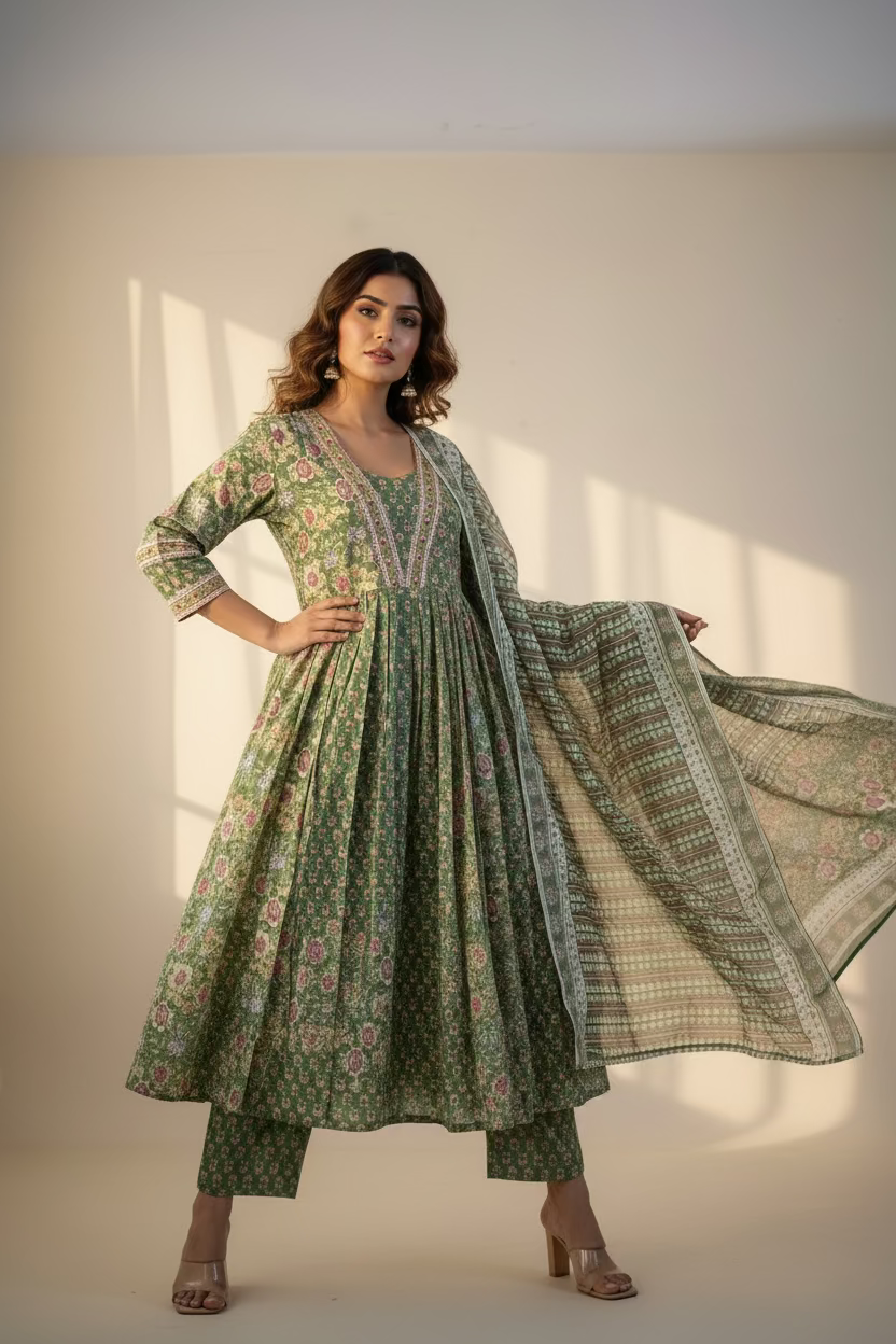 GREEN PRINTED COTTON ANARKALI SUIT