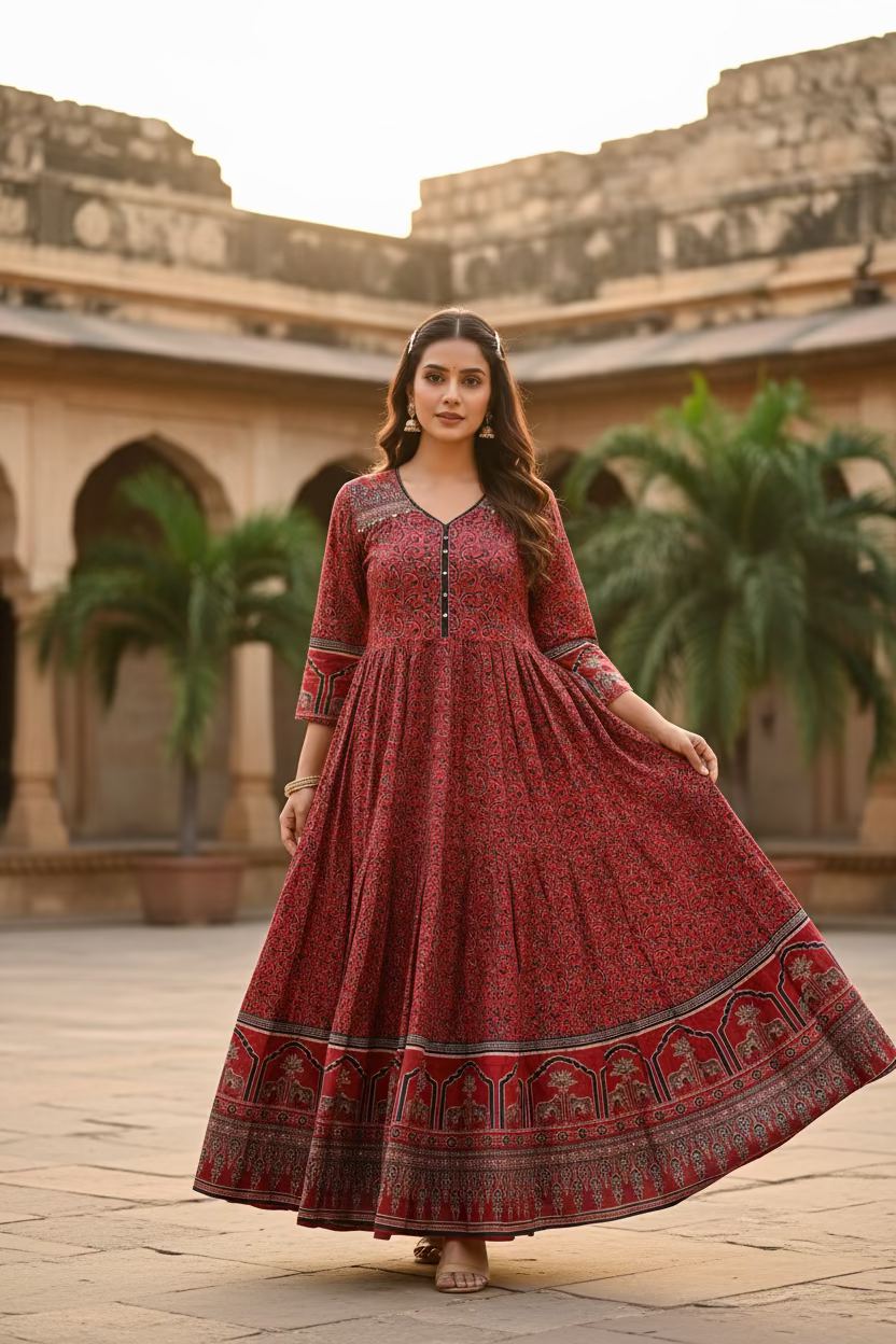 Maroon Printed Cotton Anarkali Kurti