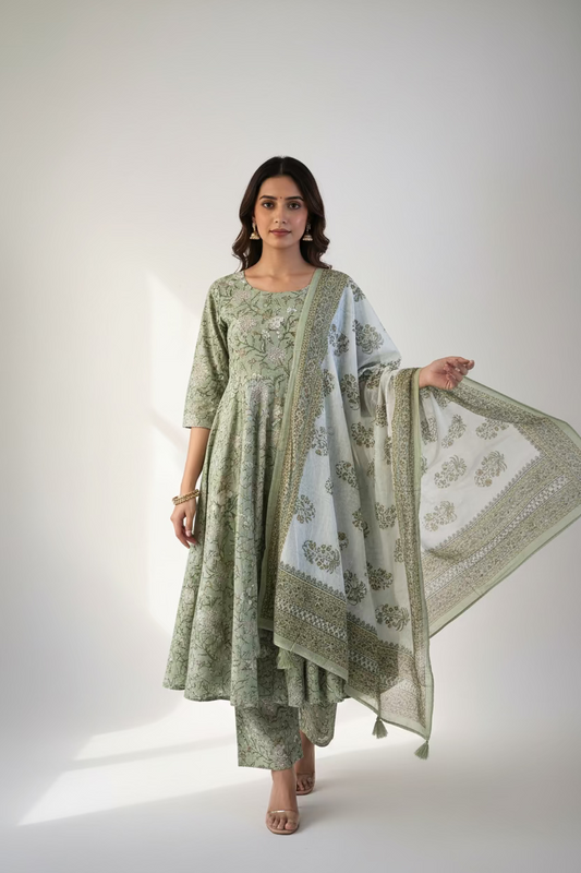 GREEN COTTON PRINTED ANARKALI SUIT
