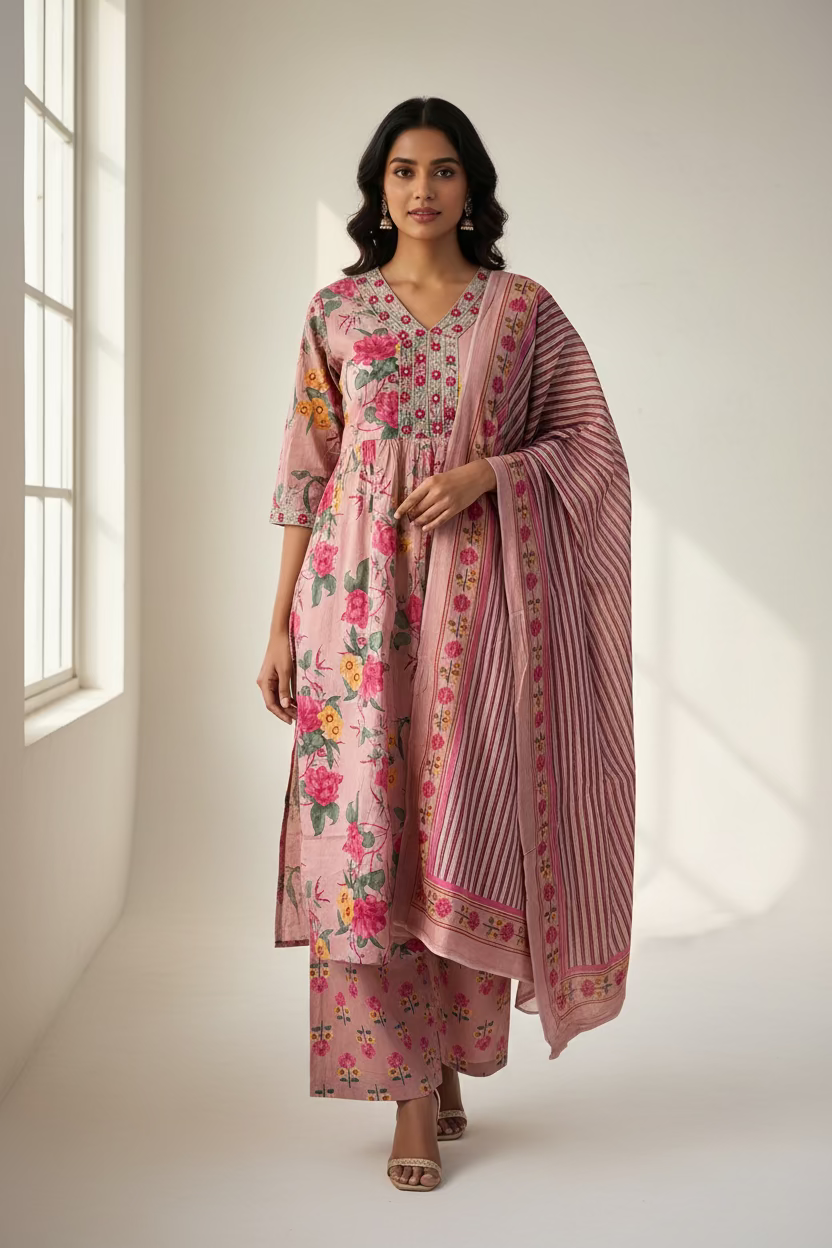 PINK PRINTED COTTON STRAIGHT SUIT