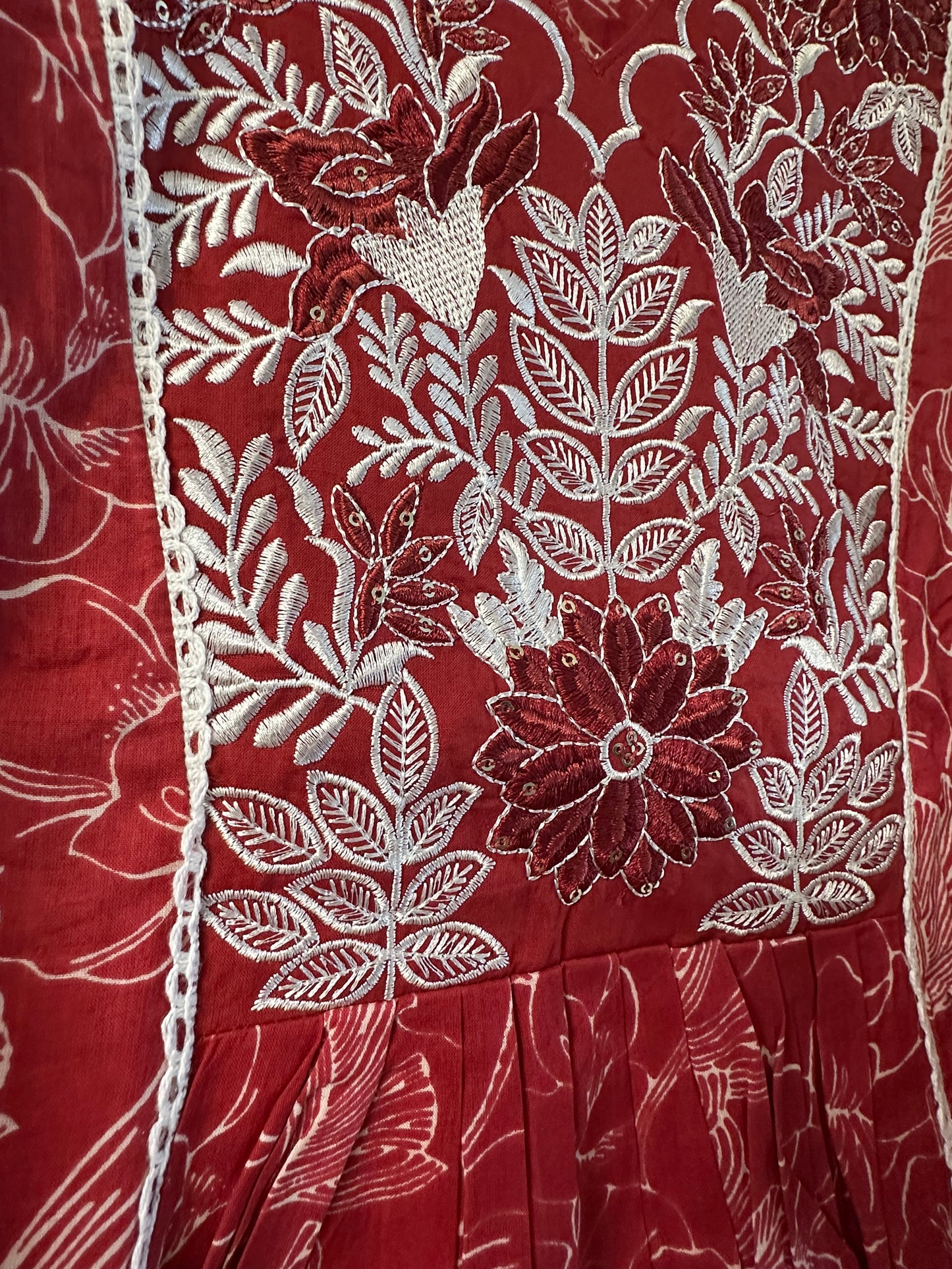 RED EMBROIDERED PRINTED COTTON ANARKALI SUIT