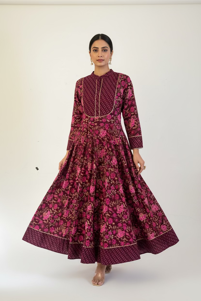 wine floral printed rayon anarkali kurti