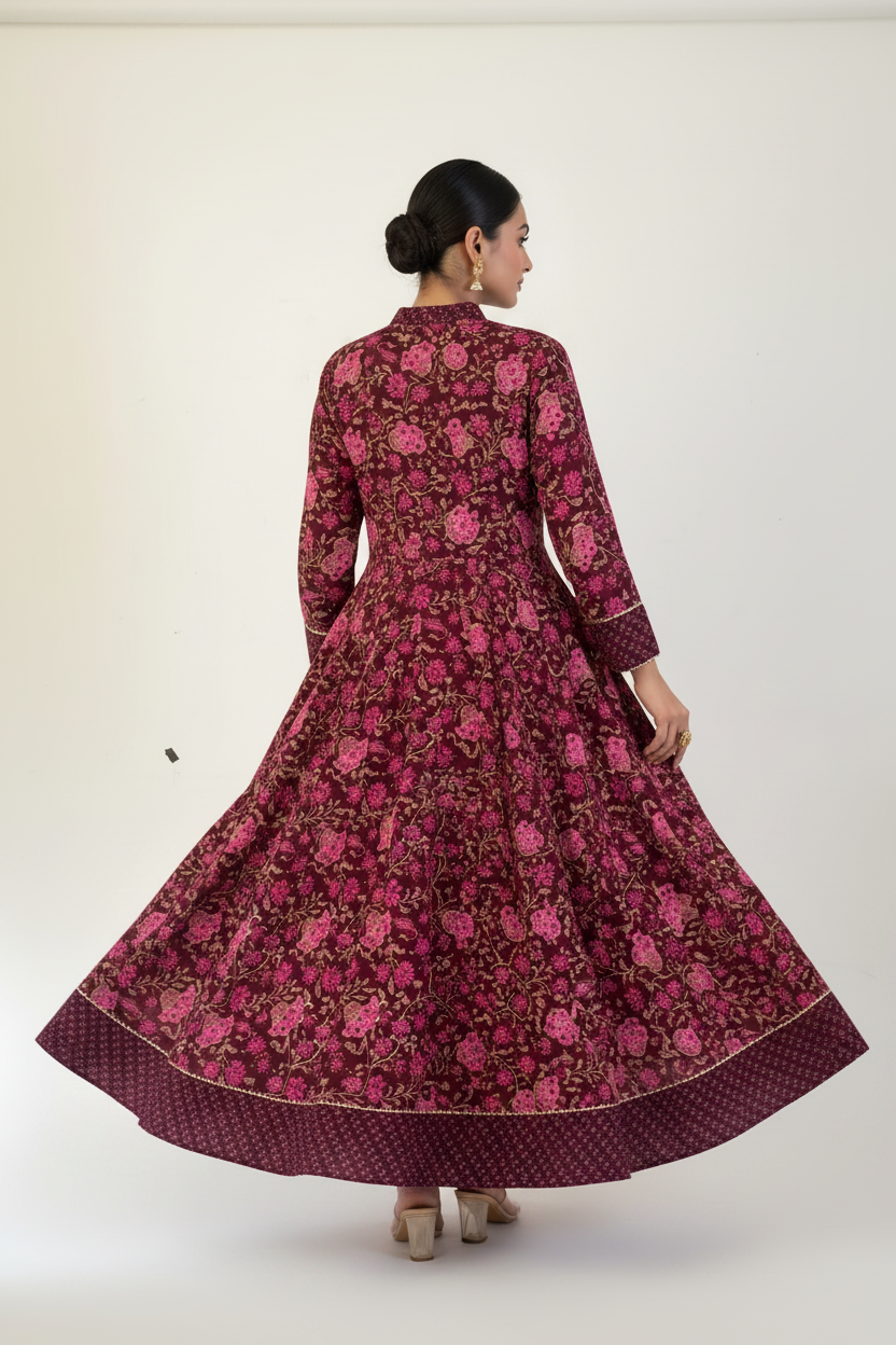 WINE FLORAL PRINTED RAYON ANARKALI KURTI