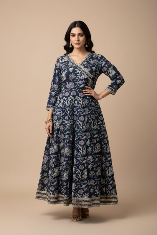 BLUE FLORAL PRINTED COTTON ANARKALI KURTI