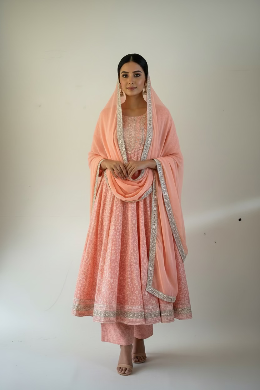PEACH EMBROIDERED RAYON ANARKALI SUIT