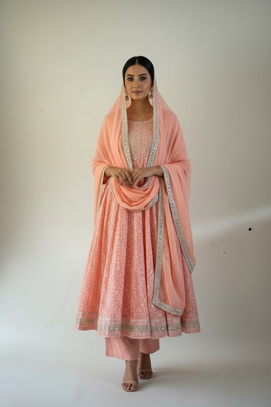 PEACH EMBROIDERED RAYON ANARKALI SUIT